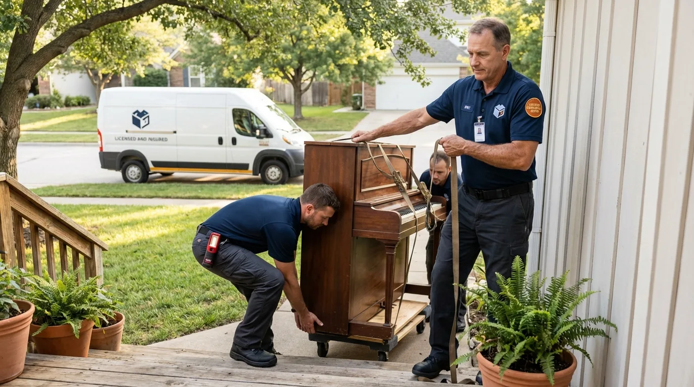 Licensed piano movers securing grand piano in West Blocton, AL
