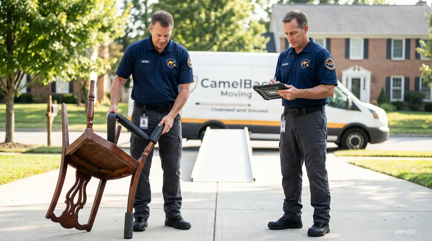 Movers inspecting furniture for damage prevention before loading in West Blocton, AL