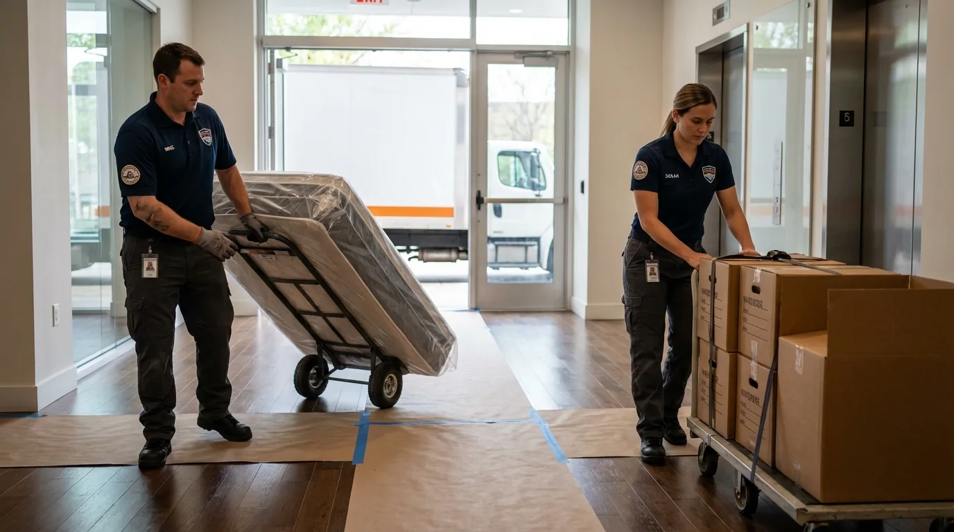Professional apartment movers loading elevator in West Blocton, AL