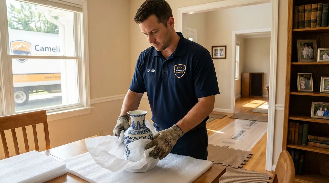 Professional crew carefully wrapping antique vase for senior downsizing move in West Blocton, AL